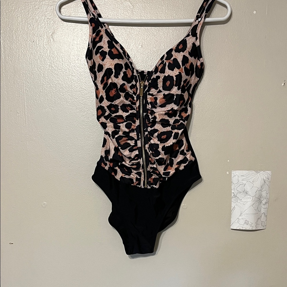 Leopard-Print Zip Front One-Piece Swimsuit - Black & Tan